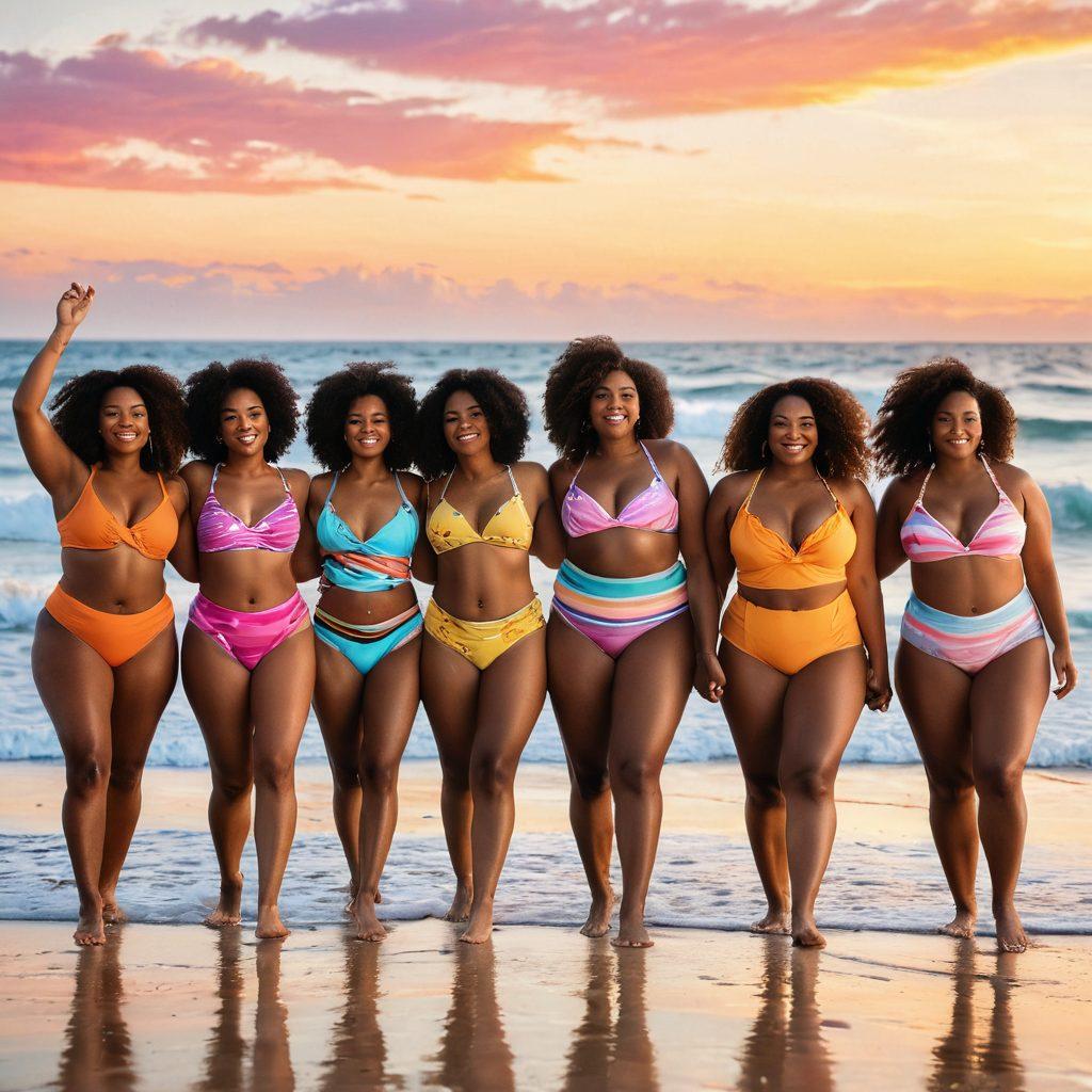 A diverse group of confident individuals of all body types joyfully wearing colorful swimwear on a sunny beach. Vibrant waves crashing in the background, showcasing their unique beauty and embracing self-acceptance. Soft pastel colors in the sky during sunset, symbolizing transformation and positivity. Include inspirational quotes about body positivity subtly integrated into the scene. super-realistic. vibrant colors. beach setting.