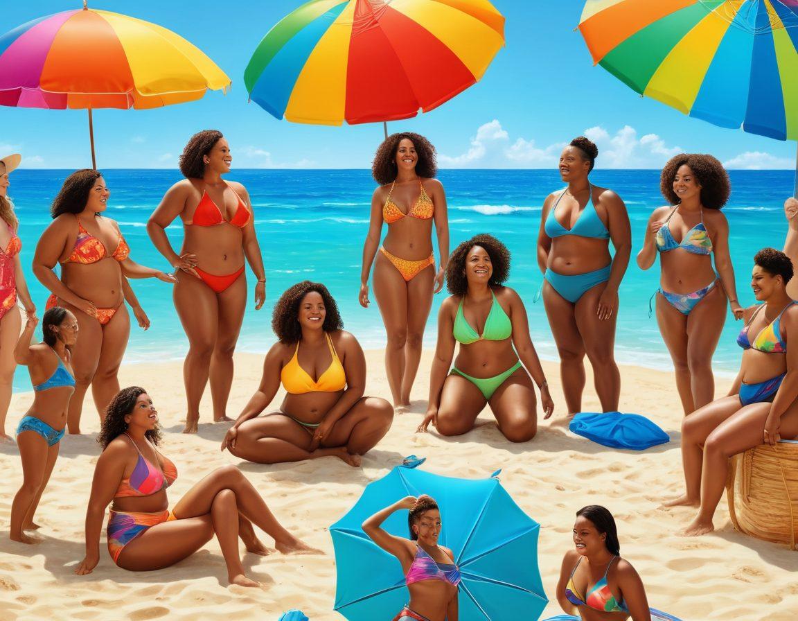 A vibrant beach scene featuring a diverse group of individuals of different body types, ethnicities, and ages joyfully wearing inclusive swimwear. They are engaging in various activities like swimming, beach volleyball, and sunbathing, showcasing a supportive community atmosphere. The background features a colorful beach umbrella and clear blue water, symbolizing positivity and acceptance. super-realistic. vibrant colors. summer vibes.